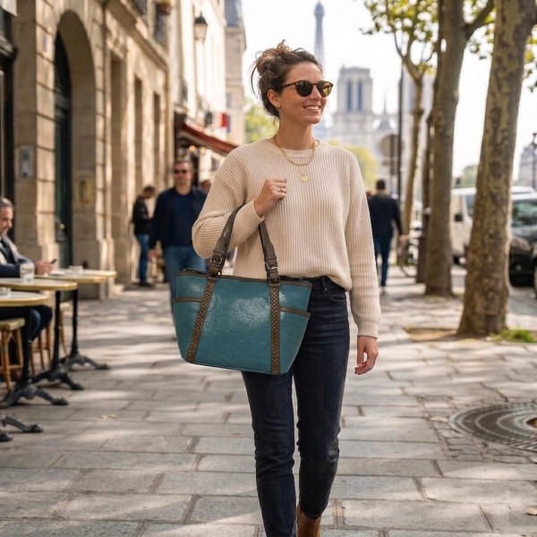 Tote Bag - 2-Side Pockets Leather-like Tote w/ Whipped & Buckled Straps - Blue - BG-MB1714BL